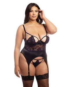 Bustiers Demi Padded Shelf Cup Merrywidow w/Overlay Lace & Panty Black/Heliotrope 2X