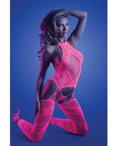 Hosiery & Garter Belts Glow Captivating Halter Bodystocking & G-String Neon Pink O/S