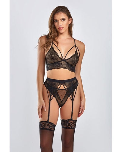 Sets Everly Dot Mesh & Galloon Lace Strappy Bra, Garterbelt & Hipster Panty Black 2X