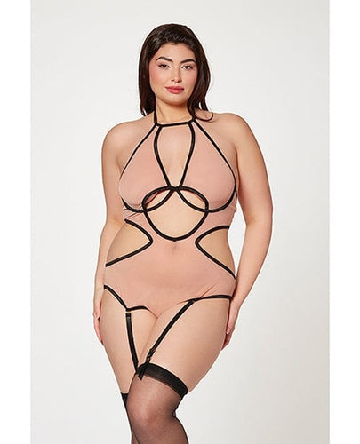 Teddys Mesh Cut Out Halter Teddy – Sexy Plus Size Lingerie in Black & Nude